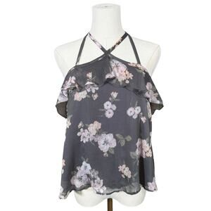 Hollister Floral Halter Top Small Gray Ruffle Chiffon Sleeveless Fairycore